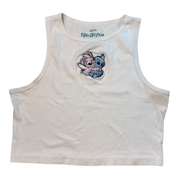 Disney Stitch & Angel White Embroidered Cropped Tank Size Large - Picture 1 of 4